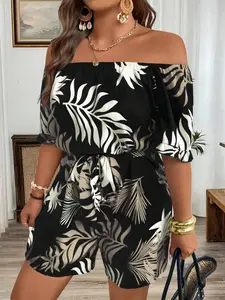Plus Size Women's One Shoulder Boho Bohemian Tropical Plant Print Stylish Jumpsuit, Bubble Sleeves, Elastic Waist, Loose Shorts, Summer Vacation Beach Party