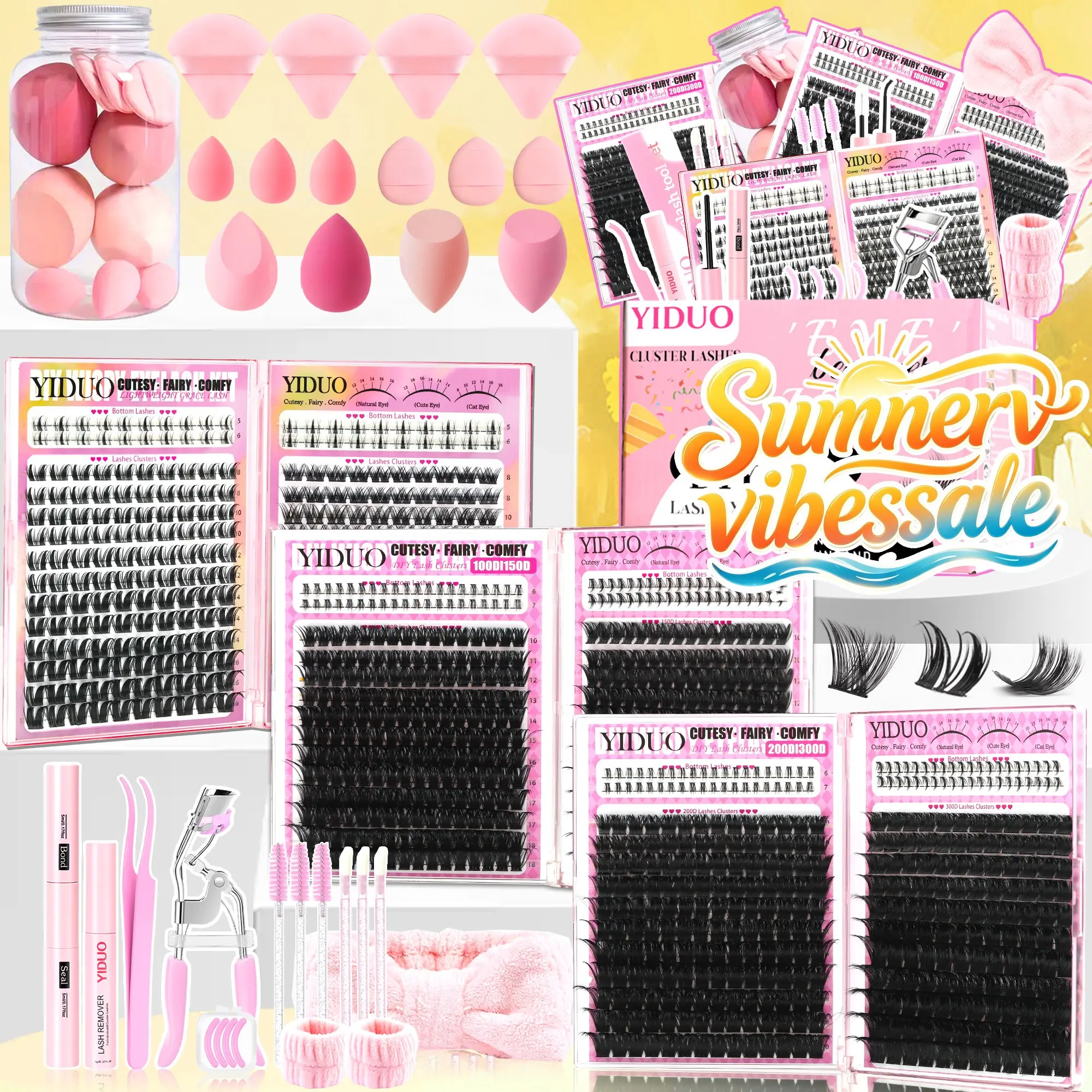 YIDUO Eyelash Cluster Kit DIY False Eyelashes, Diy Eyelash Set, Eyelash Clusters Wispy | 100D/150D, Bunny/Wispy Styles & Bottom Lashes | 5-18mm D-Curvature | Tools (Bond & Seal, Remover, Tweezers, Brush, Curler) | DIY Lash Extensions at Home
