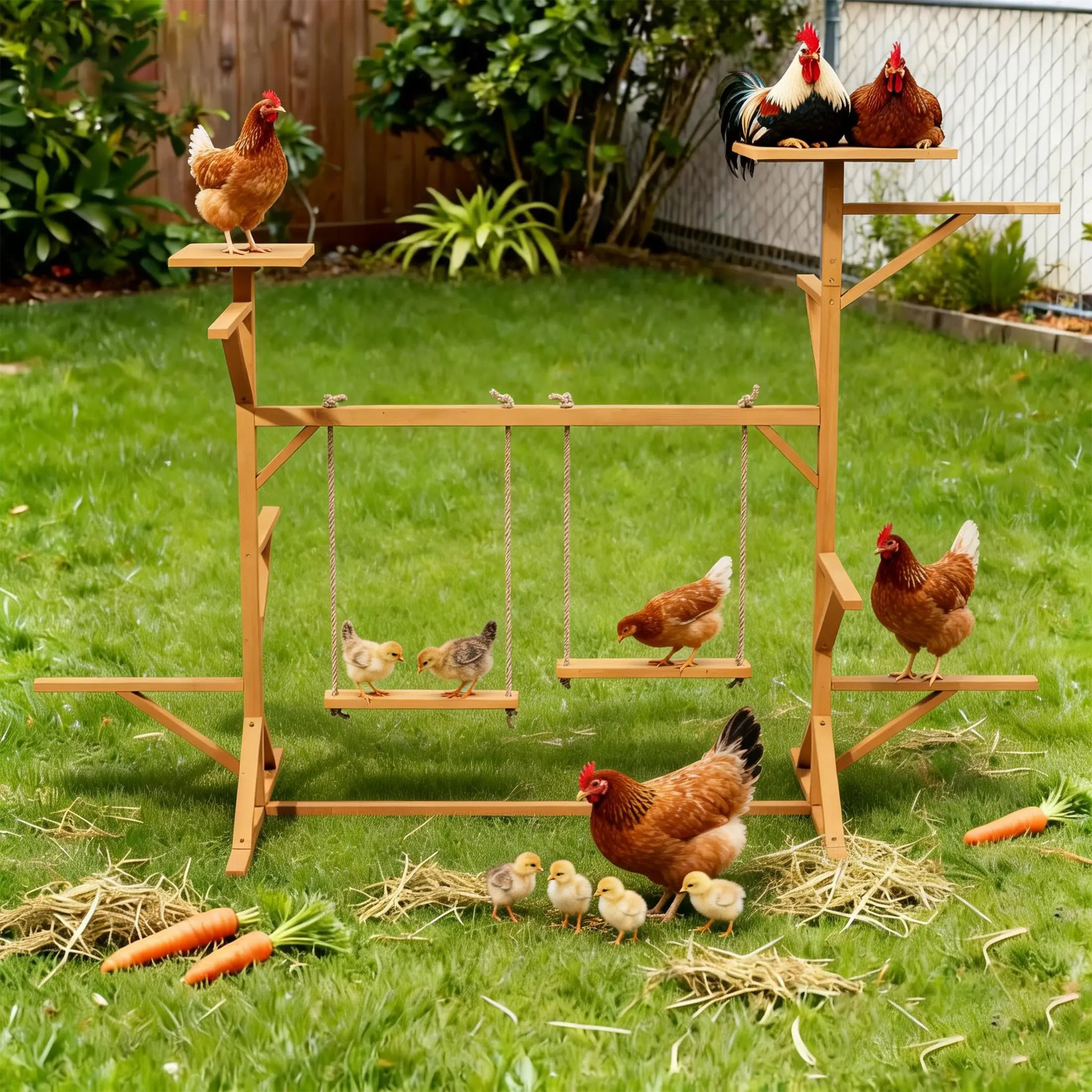 Wooden Chicken Toys for Chicken Perches Activity Play,Chicken Roosting Bars with Swing for Coop Accessories,Natural