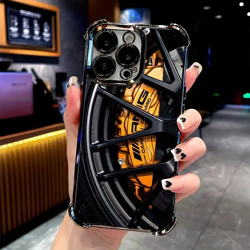 Sports Car Wheel Hub Inspired Luxury Phone Case - TPU+PC Transparent Soft Anti-Drop Full Print Cover, Multi-Model Casing for iPhone 17/16/15/14/13/12/11 Pro Max Plus Air Black, Mobile Phone Protection Accessory