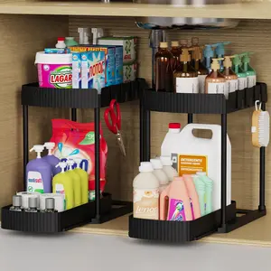 Multifunctional pull-out storage box, suitable for under the sink/cabinet, for use in bathrooms and kitchens, black, 12.8inch, 2-piece set