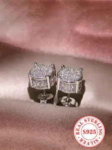 925 Sterling Silver Fashion Square Shaped Rhinestone Decorated Earrings, High Quality Earrings, Elegant Jewelry for Party, Daily Clothing Decor for Girl
