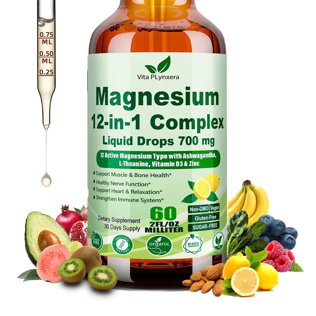 12-in-1 Magnesium Complex Liquid Drops, Chelated Magnesium Citrate Glycinate Taurate Malate Aspartate w. Ashwagandha Theanine D3 & Zinc for Relaxation Sleep,  vitamin d3, Immune Health & Muscle Function, magnesium complex for women, for man Fitness