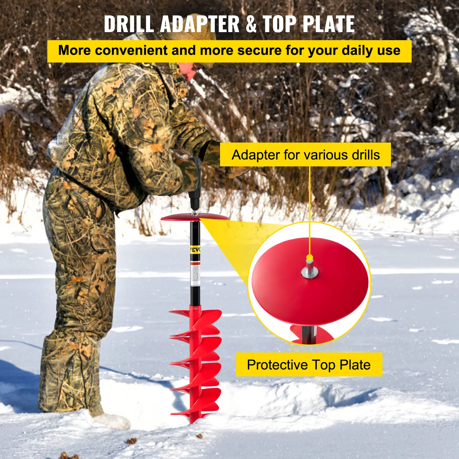 【summerfinds】VEVOR Ice Drill Auger, 6\" Diameter Nylon Ice Auger, 39\" Length Ice Auger Bit,Auger Drill with 11.8\" Extension Rod,Auger Bit with Drill Adapter,Top Plate & Blade Guard for Ice Fishing Ice Burrowing