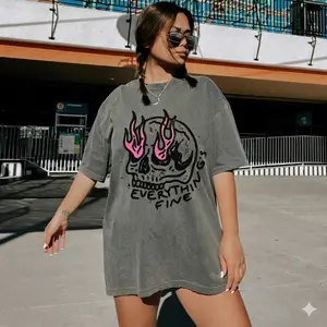 [SALE UP TO 40% ]  Everything is Fine Shirt - Retro Grunge Skeleton Tee with Pink Flames, Funny Sarcastic Festival Shirt