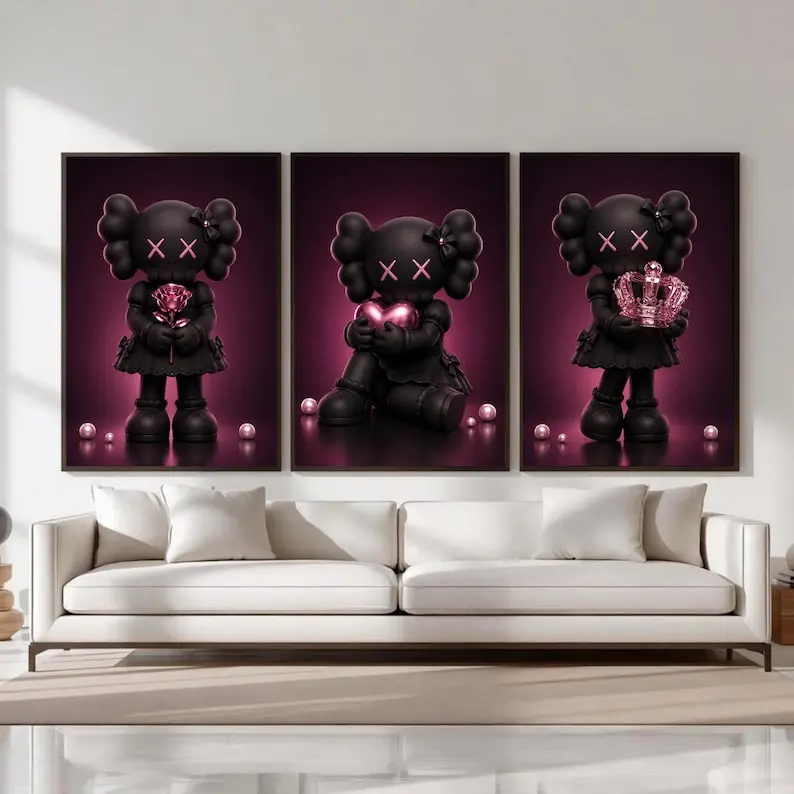 Kaws Wall Art Pink Poster Set of 3, Girly Goth Hypebeast Room Decor, Black Dopamine Wall Art, Kaws Figure Bedroom Dorm Prints, HypeBeast Toy