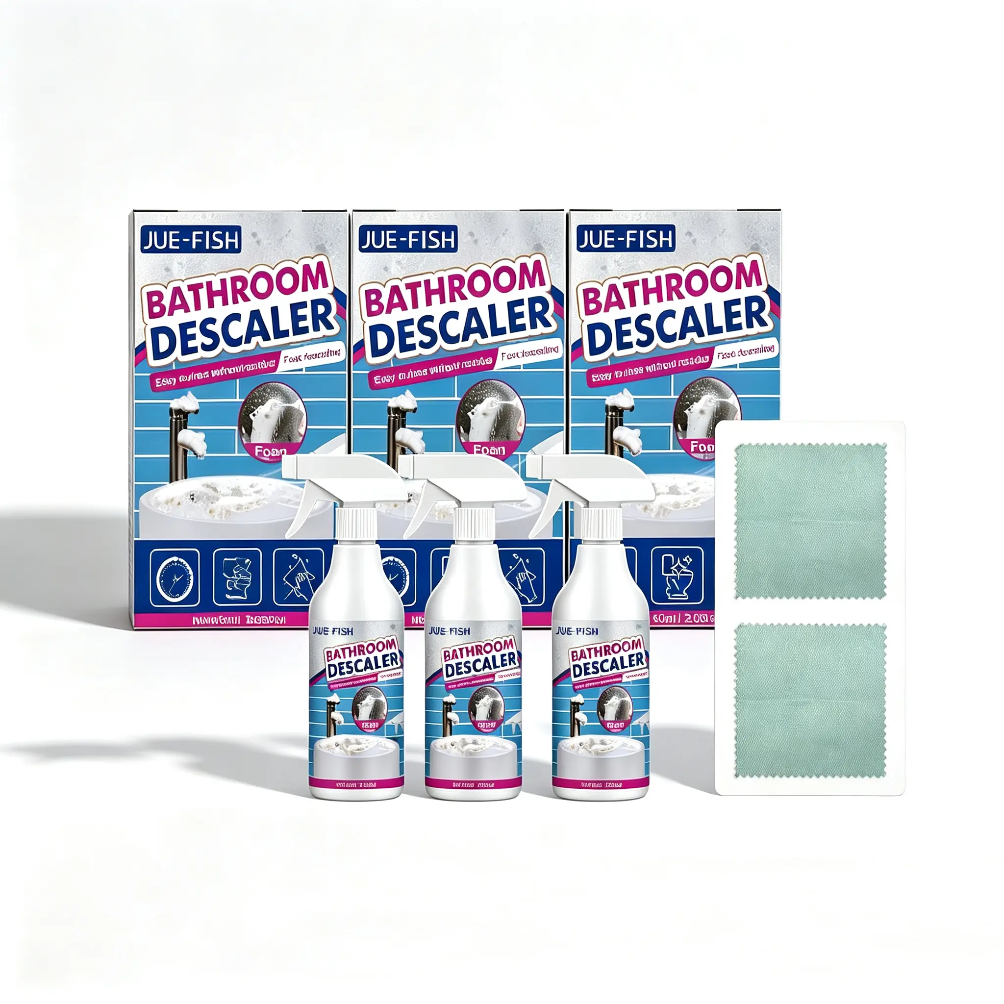 3pcs Jue-Fish Household Hard Water Scale Descaler & Limescale Remover Spray, Deep Cleaning Solution for Shower Glass, Stainless Steel Sinks (3 pieces), Three Pieces