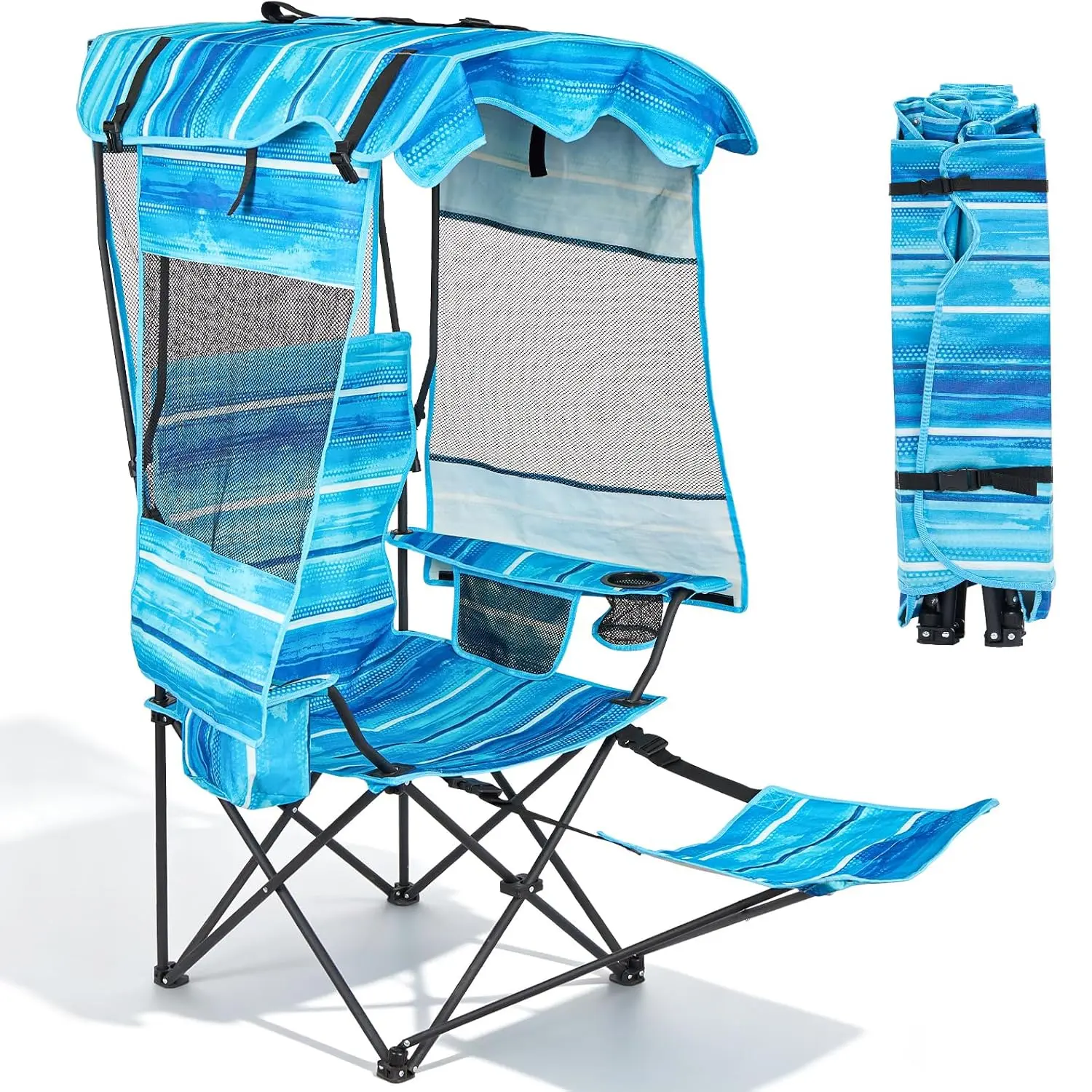 SLSY Camping Chair with Canopy, Folding Camping Chair with 3-Sided Sun Protection, Portable Outdoor Chair with Cooler Bag & Cup Holder for Beach, Camping, Sports, Fishing, Support 330 LBS