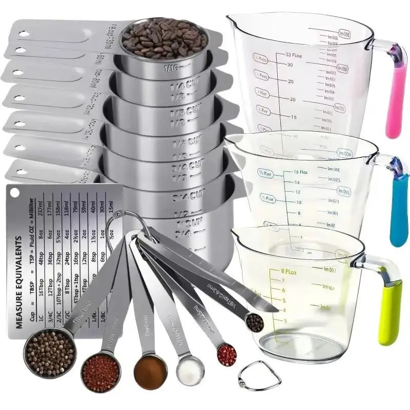 Stainless Steel 20-Piece Measuring Cups and Spoons Set with 1 Leveler, Stackable Kitchen Gadgets for Dry & Liquid Ingredients, Baking Utensils