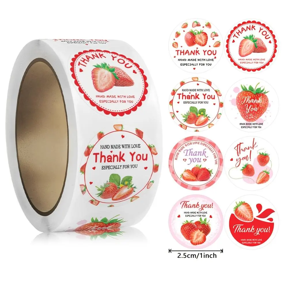 Strawberry Pattern Thank You Sticker, Fruit Stickers, 500pcs/roll Self Adhesive Stickers Decorative Sticker, Decorative Sticker for Gift Box, Gift Wrapping Supplies, Self Adhesive Decal, Stickers Included