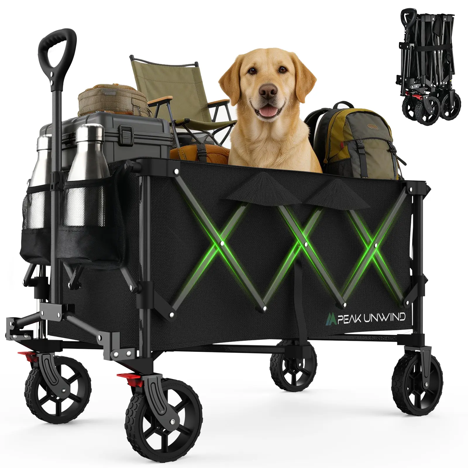 Peak Unwind Collapsible Utility Wagon Cart with Wheels, 200L Volume + 450 lbs Capacity Heavy-Duty Load, Lightweight Folding Design and Adjustable Handle for Camping, Garden, Sports, and Shopping