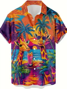 Men'S Hawaiian Shirt Featuring a Print of a Giraffe Drinking Soda by The Seaside, Short-Sleeved