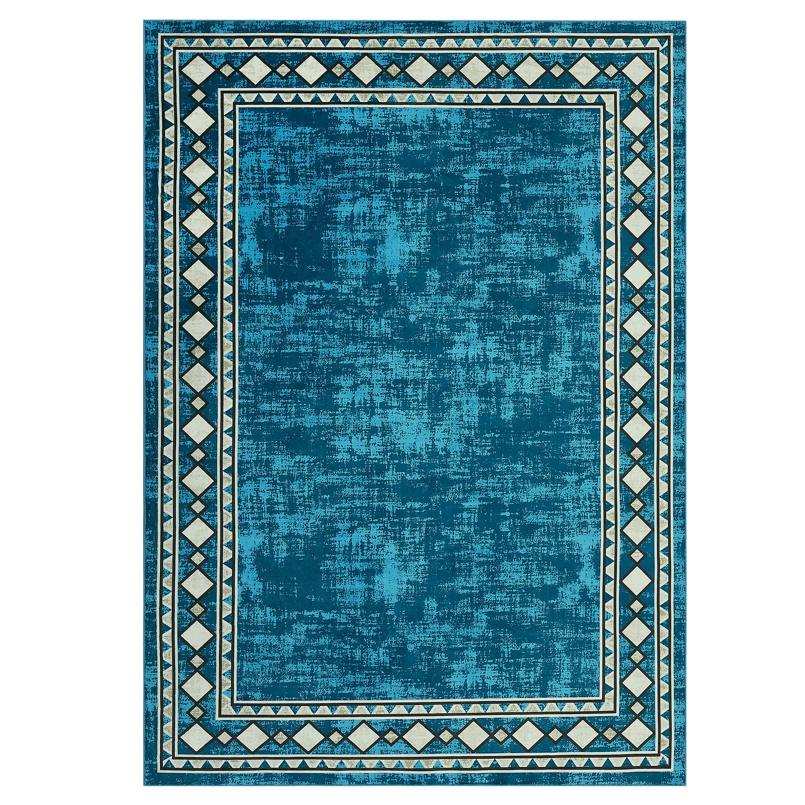 8 x 10 ft Teal Blue Polyester Rectangular Modern Geometric Bordered Decorative Low Pile Area Rug, Machine Washable for Living Room, Bedroom, Decorative Rug, Low Pile Rugs