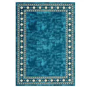 8x10 ft Polyester Material Decorative Rug Mat, Teal Blue Rectangular Geometric Bordered Modern Machine Washable Home Decor Rug for Living Room, Bedroom