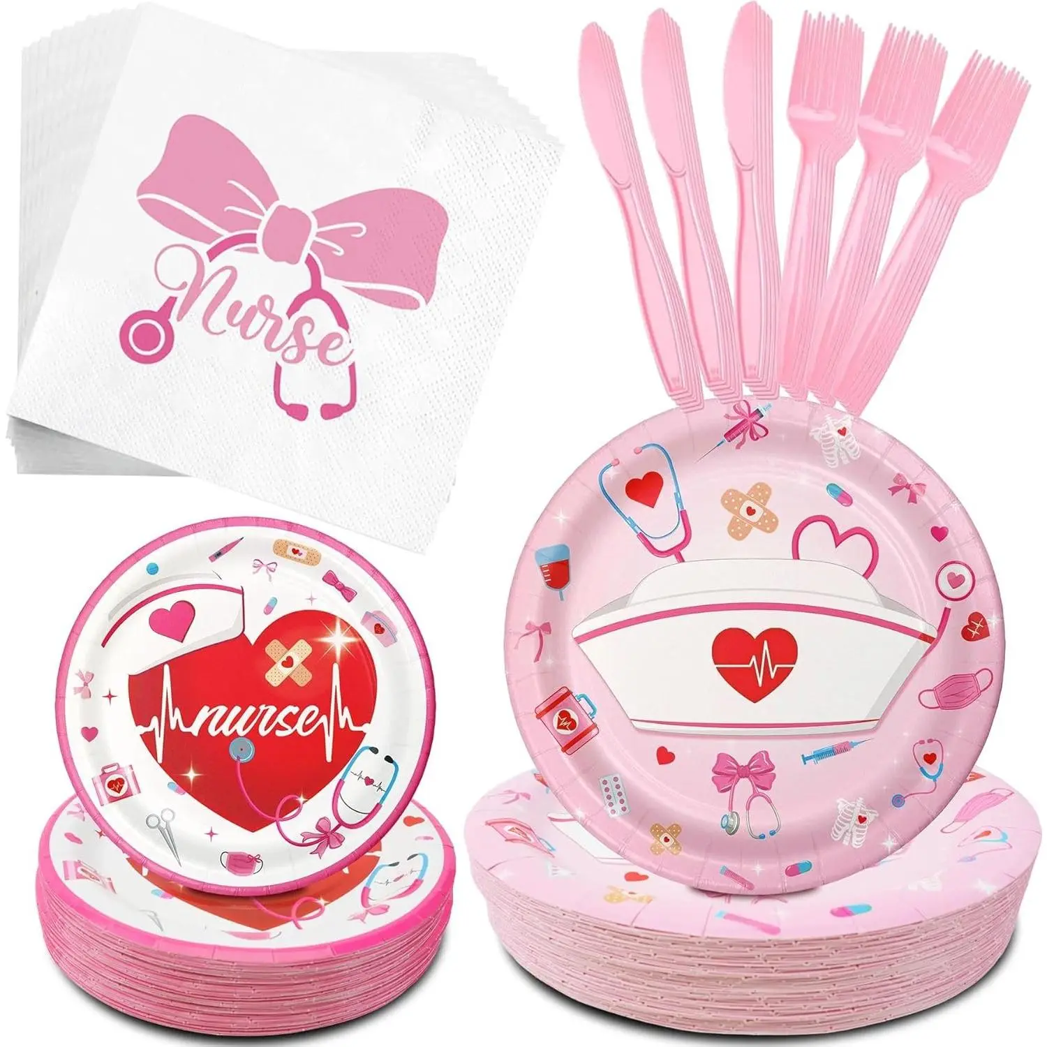 GRULLIN Disposable Pink Nurse Party Tableware Kit for 50 Guests - 7" & 9" Nursing Plates, Napkins, Utensils Set for Nurse Appreciation, Graduation Celebrations