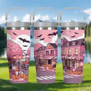 1pc Pink Halloween Town Pumpkin Pattern, 30oz Stainless Steel Insulated Water Bottle, with Handle and Straw, Insulated Travel Drinkware - Perfect for travel, home use, office, gift-giving, and outdoor camping coffee cup/mug