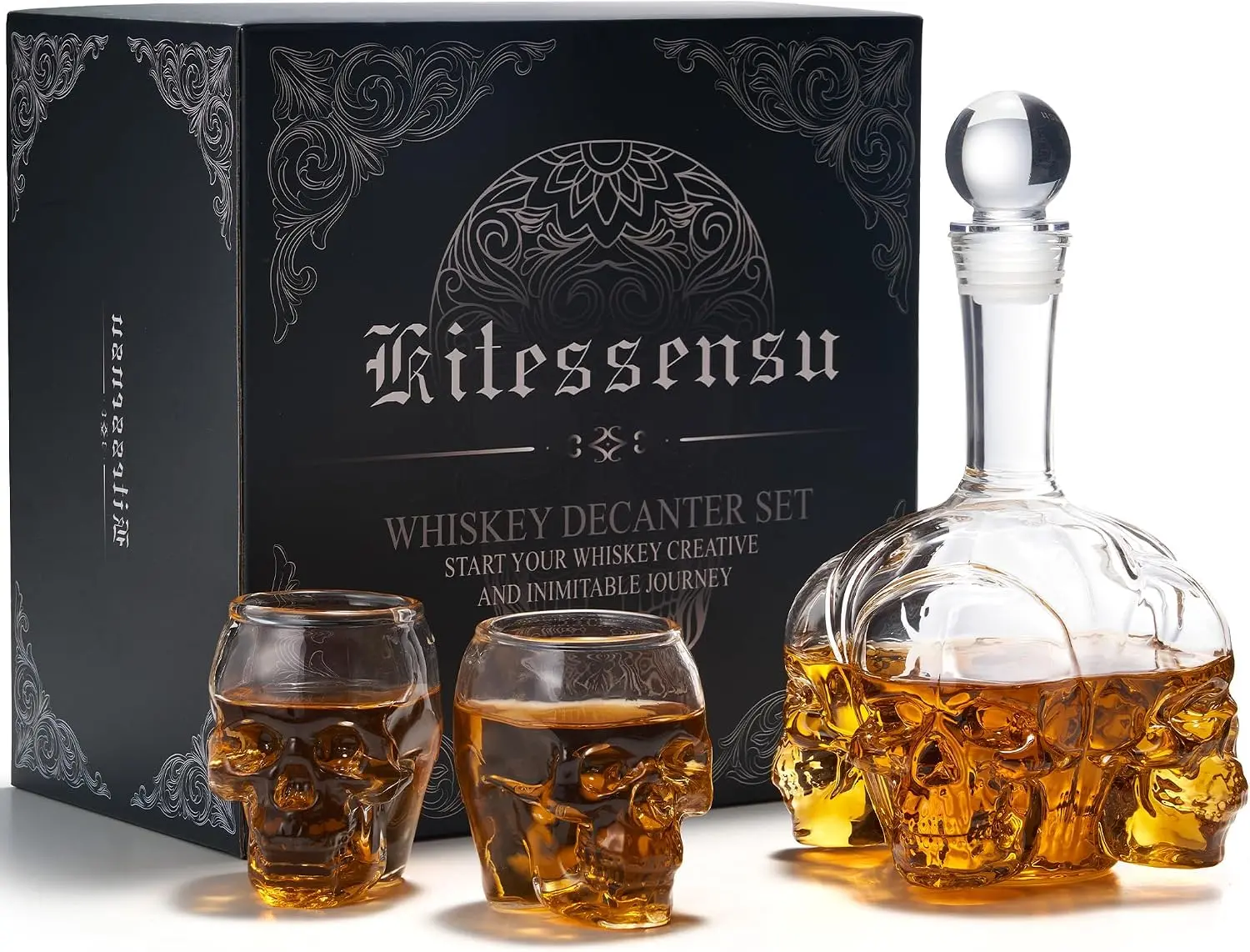 Gothic Skull Whiskey Glass Decanter Set - 34 oz Spooky Skeleton Glass Decanter with 2 Rocks Glasses - Dark Academia Home Bar Decor & Man Cave - Cool Halloween Gifts for Men & Whisky Lovers