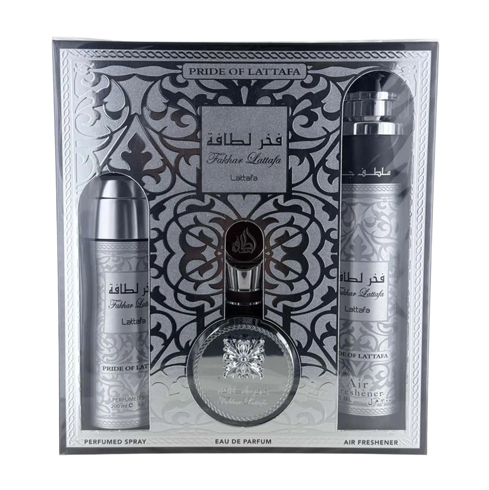 Lattafa Fakhar for Men 3 Piece Bundle Set (3.4 Ounce, Eau de Parfum Spray + 6.7 Ounce, Deodorant Spray + 10.1 Ounce, Air Freshener)
