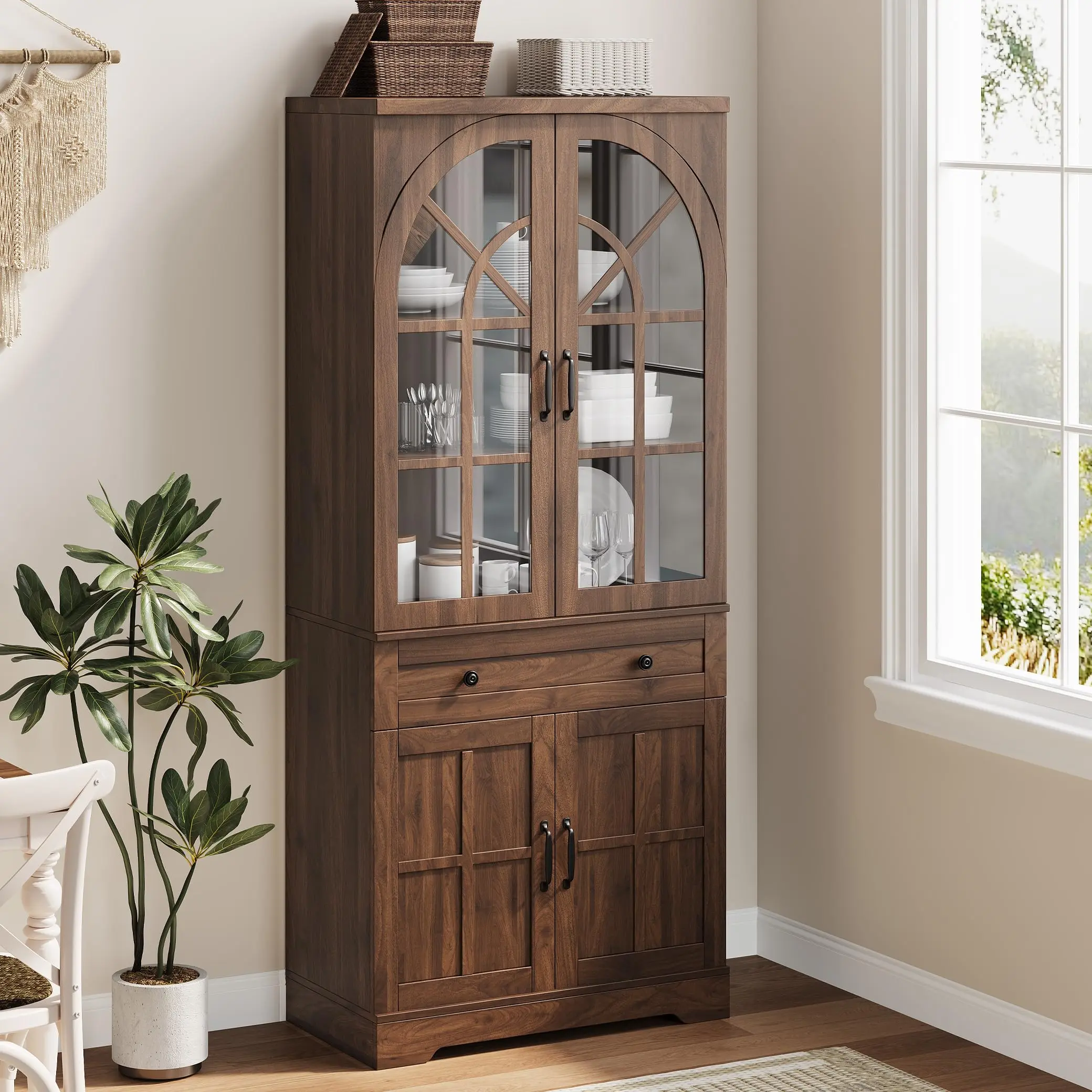 Garvee Farmhouse Pantry Cabinet, 71.9" Tall Freestanding Kitchen Cabinet with Tempered Glass Doors& Anti-Tip Design for Kitchen, Dining Room & Living Room,Retro Brown