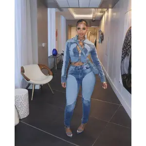 Fashionable Sexy High-Elastic Patchwork Color-Block Washed Denim Casual Set