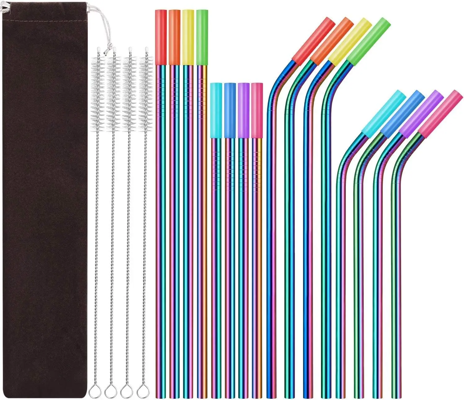 16 Pack Rainbow Color  Metal Straws with  Tip & Travel Case & Cleaning Brush,Colored Long Stainless Steel Straws Drinking Straw for 20 and 30 oz Tumbler