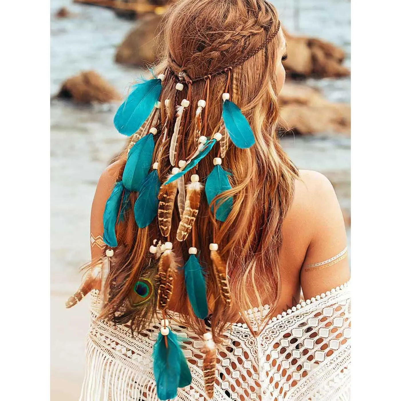 Women's Lightweight Feather Wood Boho Headband - White Gypsy Costume Headdress, Indian Hair Accessory for Boho Chic Outfits, Party Ball, Halloween, Christmas, Night Club