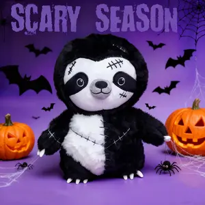Dark Gothic Sloth Plush Toy - Black & White Stitched Spooky Plush Doll, Soft Stuffed Doll, Stuffed Animals, Halloween Decor, Collectible Gift Suitable for Both Kids & Adults, Gothic-Style Plushie for Holiday Gift Giving