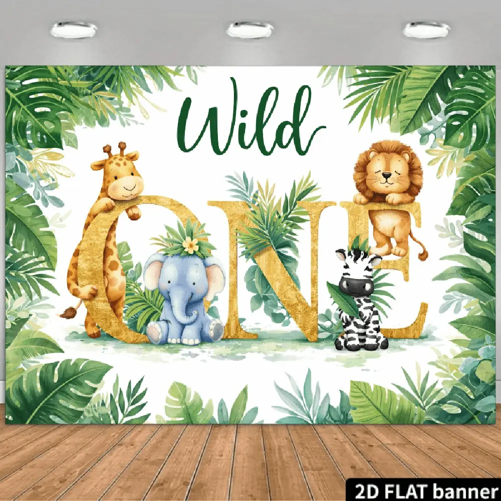 1PC,2D Flat Backdrop Wild One Jungle Animal 1st Birthday Backdrop, Tropical Green Plants Giraffe Lion Elephant Zebra Decor, Baby First Birthday Party Photo Booth Background, Safari Theme Party Decorations