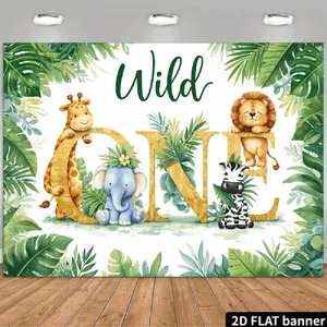 1PC,2D Flat Backdrop Wild One Jungle Animal 1st Birthday Backdrop, Tropical Green Plants Giraffe Lion Elephant Zebra Decor, Baby First Birthday Party Photo Booth Background, Safari Theme Party Decorations