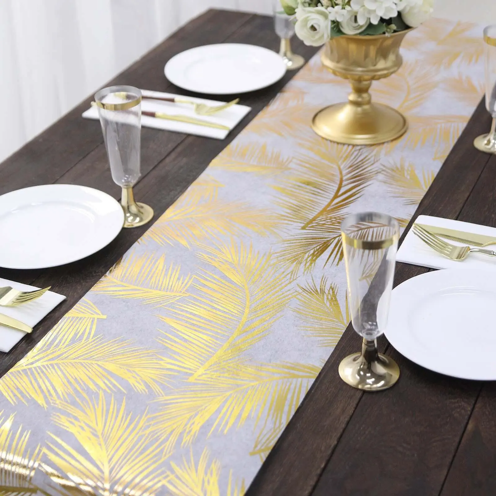 Disposable Non-Woven Table Runner Roll - 108" Metallic Gold Foil Palm Leaves Print, Chic Wipe-Clean Table Setting Decoration for Party, Home Decor Events