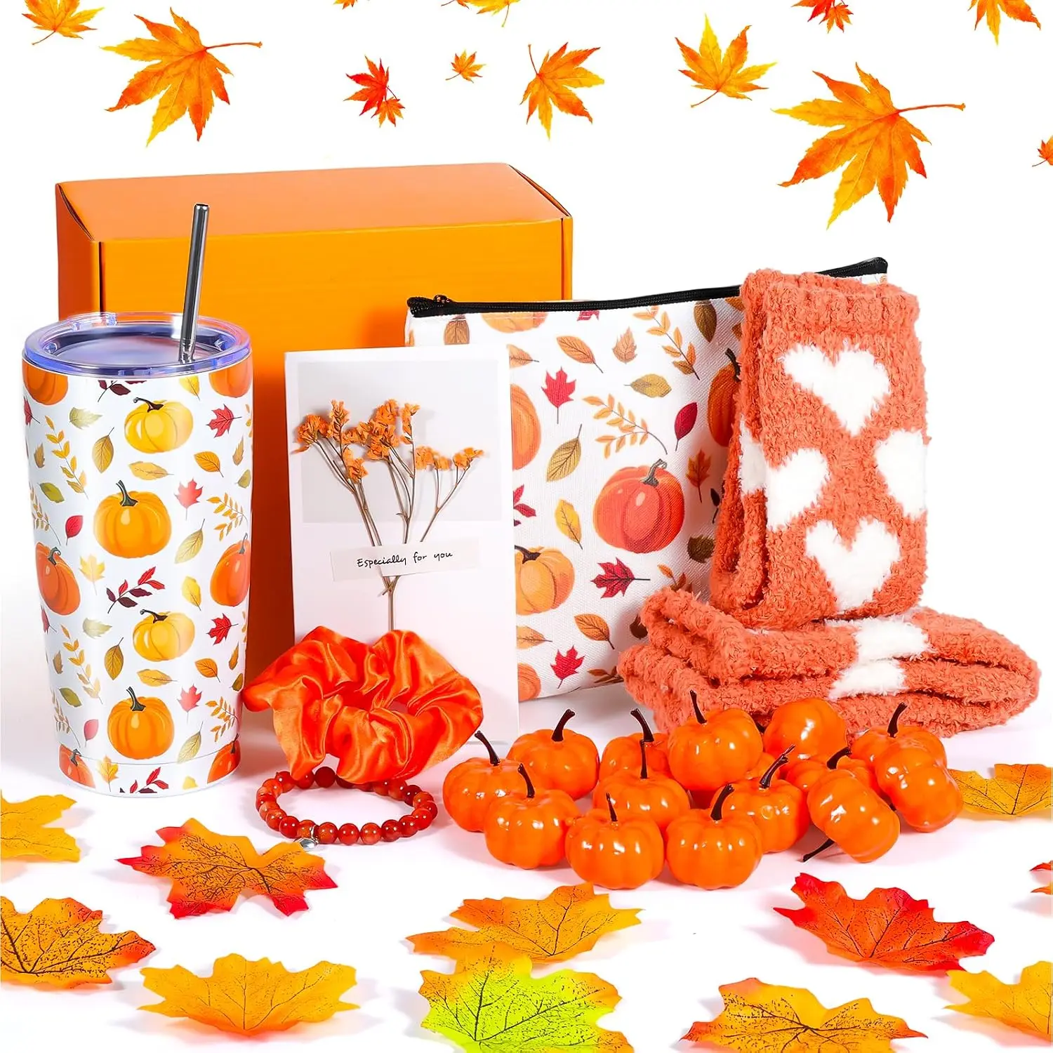Fall Thanksgiving Gifts for Women, Orange Autumn Punpkin Gift Basket Sets, Fall Birthday Gifts with Stainless Steel Insulation Tumbler Cosmetic Bag Fuzzy Socks Artificial Punpkins Maple Leaves
