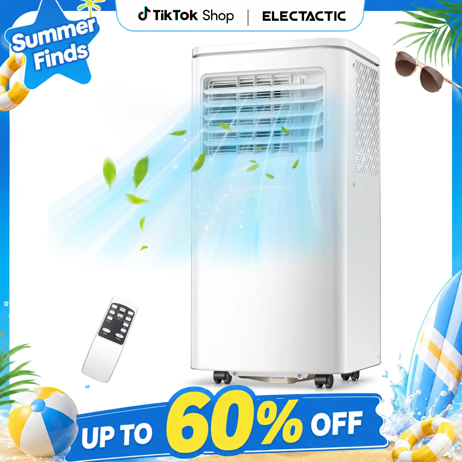 Electactic Portable Air Conditioners, 8000 BTU with Remote Control, 4 in 1 Free Standing Cooling AC with Fan & Dehumidifier & Cools, 24H Timer, Sleep Mode, Windows Sealing Kit for Room