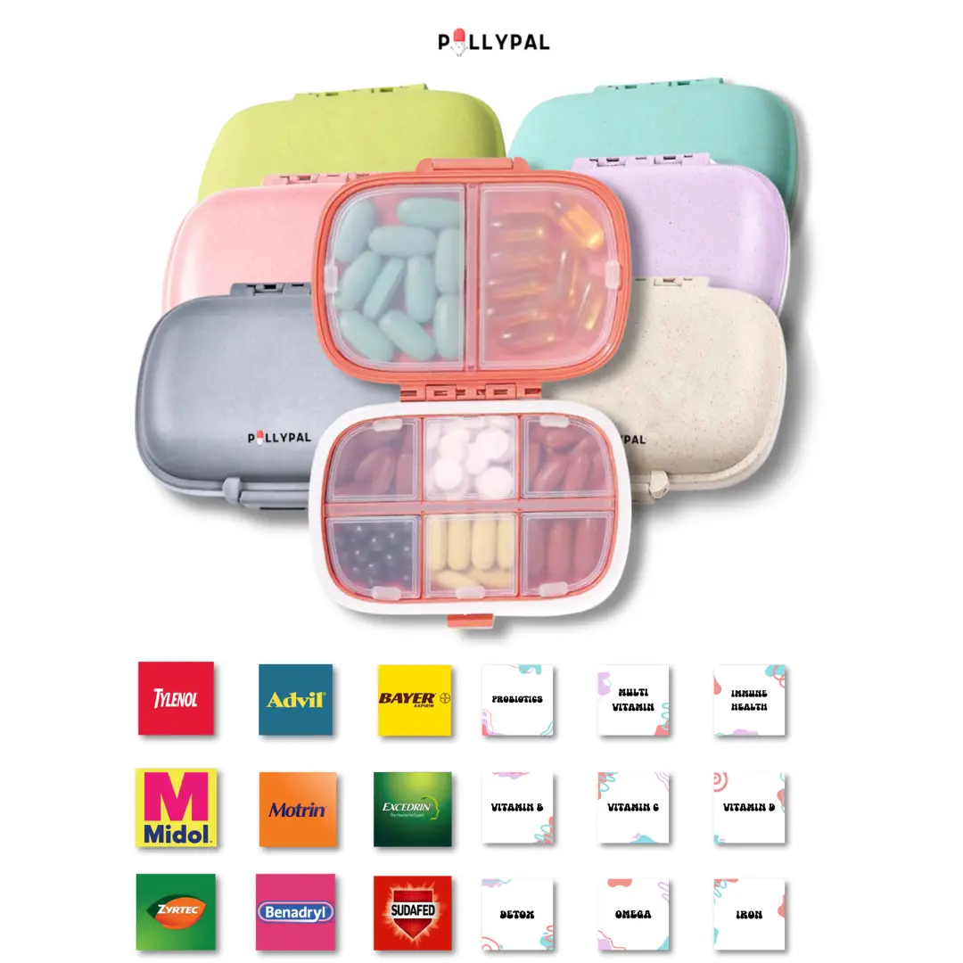PillyPal V2 Pill Organizer, 3 Sticker Sheets 8 Compartments,Spring Time, Allergy Season, Summer Travel, Portable Durable Pill Vitamins Supplements Probiotics Organizer Healthcare Containers Waterproof Travel Organizer TSA Approved
