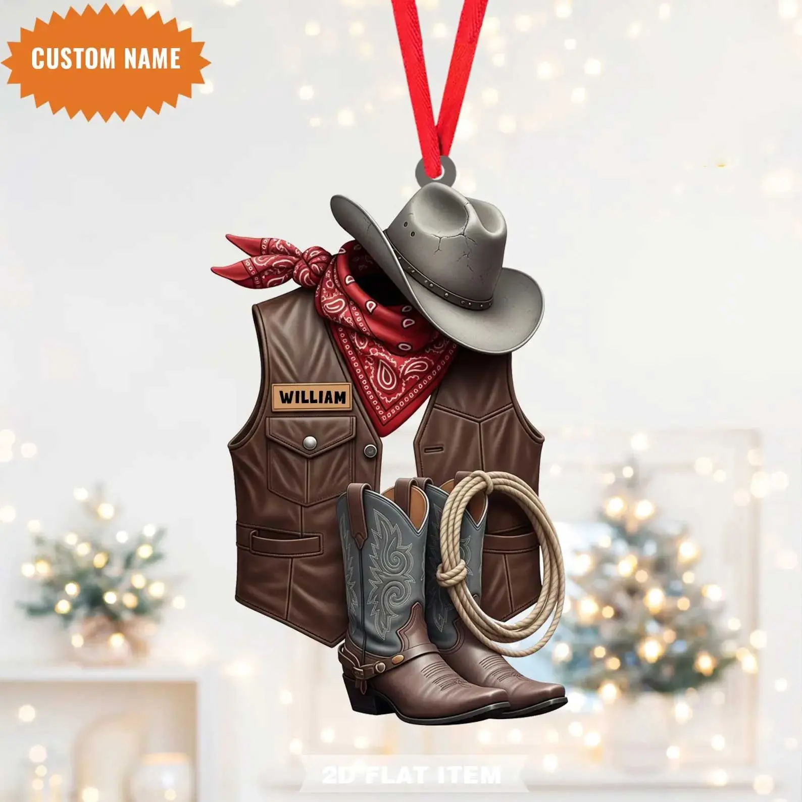 Personalized Cowboy Costume Christmas Ornament, Flat 2D Ornament, Cowboy Boots And Hat Personalized, Cowboy Horseback Riding Ornament