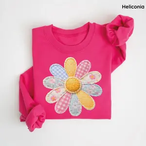 PRINT Spring Daisy Faux Patchwork Gildan Sweatshirt, Retro Floral Graphic Crewneck, Girl Spring Flower Sweater, Cute Summer Outfit