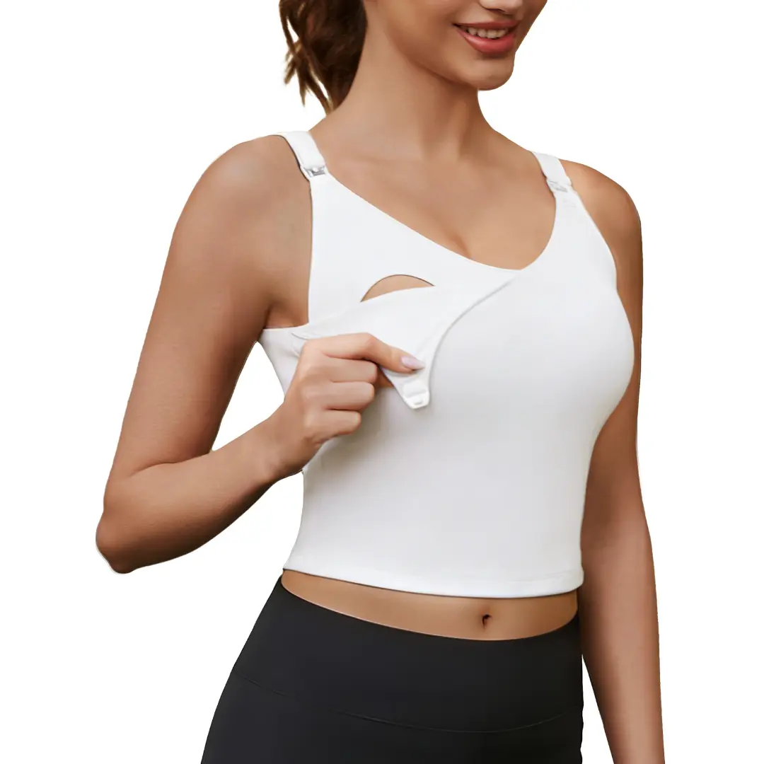 ECAVUS Women's Maternity Nursing Crop Top, Buttery Soft V-Neck Longline Pullover Tank with Built-in Bra for Workout & Breastfeeding, Breastfeeding Clothes