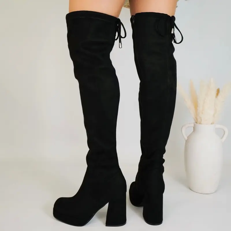 Over the Knee Boots - Black Suede with Chunky Heel and Lace-Up Detail for Women