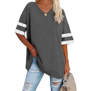Women's T Shirts Oversized V Neck Striped Tees Half Sleeve Casual Comfy Cozy Cotton Tunic Tops Summer