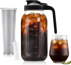 Cold Brew Coffee Maker Pitcher, 64 Oz Thick Glass Mason Jar Spout Lid for Iced Brew Coffee, Ice Lemonade, Sun Tea, Fruit Drinks Container