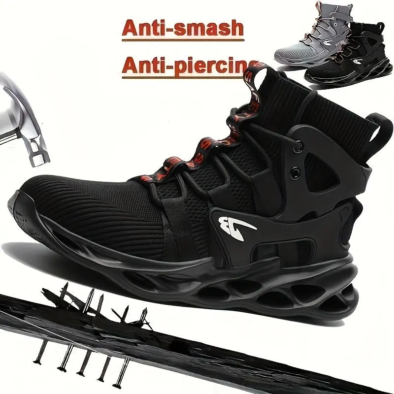 Men's steel-toe anti-slip sports work shoes, high-cut design, breathable knitted upper, featuring protective functions such as impact resistance and puncture protection. Shoes, Father's Day gift, safety shoes. Footwear Worker