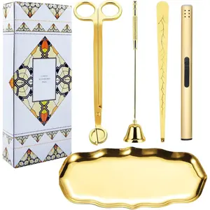 5 in 1 Candle Trimmer and Lighter Set with Candle Snuffer and Wick Trimmer with Tray, Gold Candle Wick Trimmer and Snuffer Set with Lighter and Wick Dipper for Scented Candle Lovers