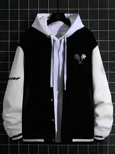 American Vintage Letter Print Baseball Jacket, Vintage Appeal, Casual Style with Collar, Long Sleeve for Fall Winter, Layered Wear Option, Coats, Tops
