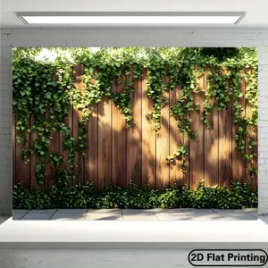 1 PC 2D Flat Banner Backdrop Wooden Fence With Green Ivy Vines Natural Scenery Photography Background For Outdoor Garden Party Decor