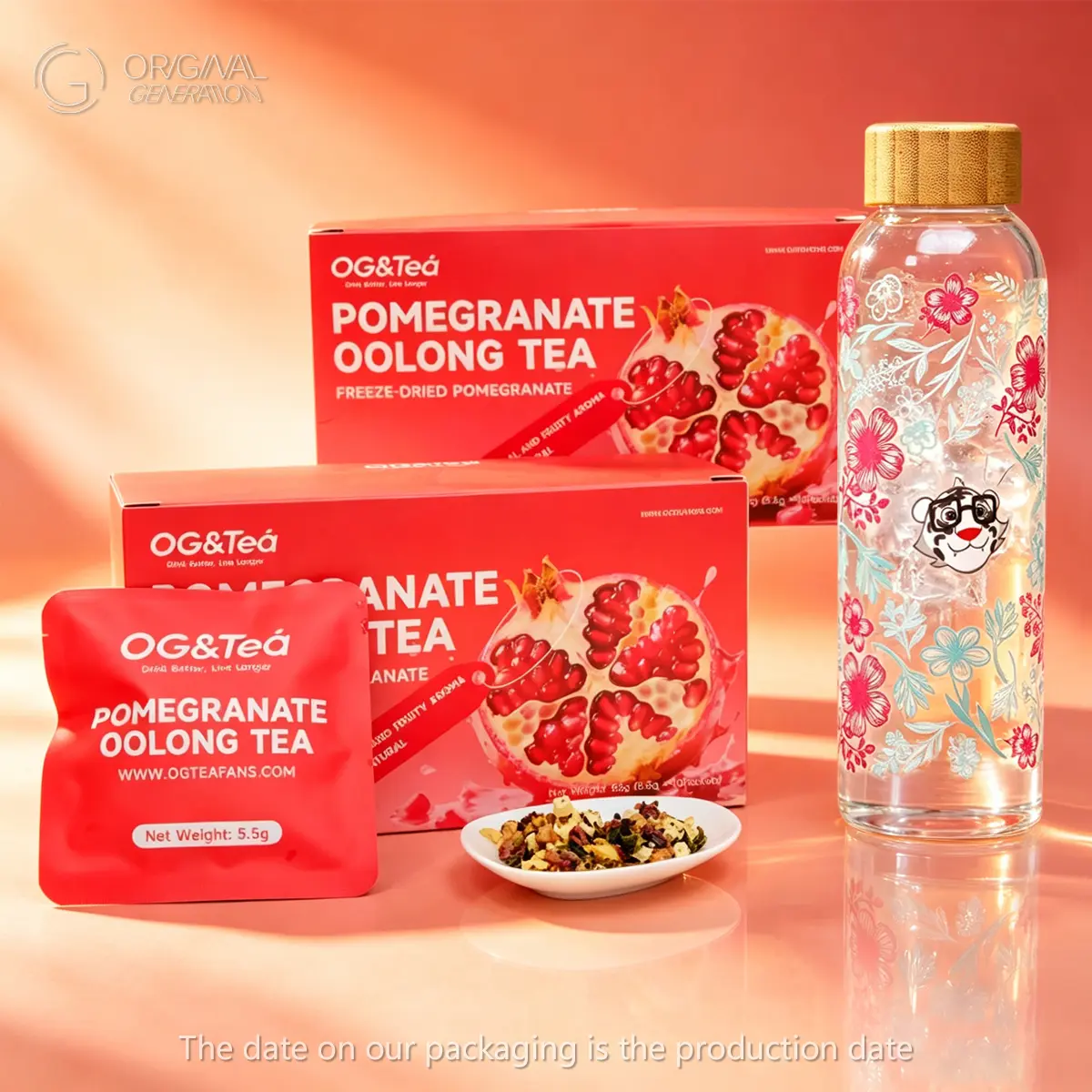 Bogo Pomegranate Oolong Tea 2 Cartons(1 Carton 55g 5.5g×10packs)×2 Oolong Tea With Color Changing Glass Water Bottle Snow Pear Pomegrante Apple Hibiscus Dragon Fruit