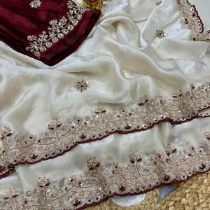 Launch Grand party wear saree in original gold beeds work On pure space silk sarees in velvet shine adorned with sequence and cutdana delicate handwork With work designer blouse fully stiched