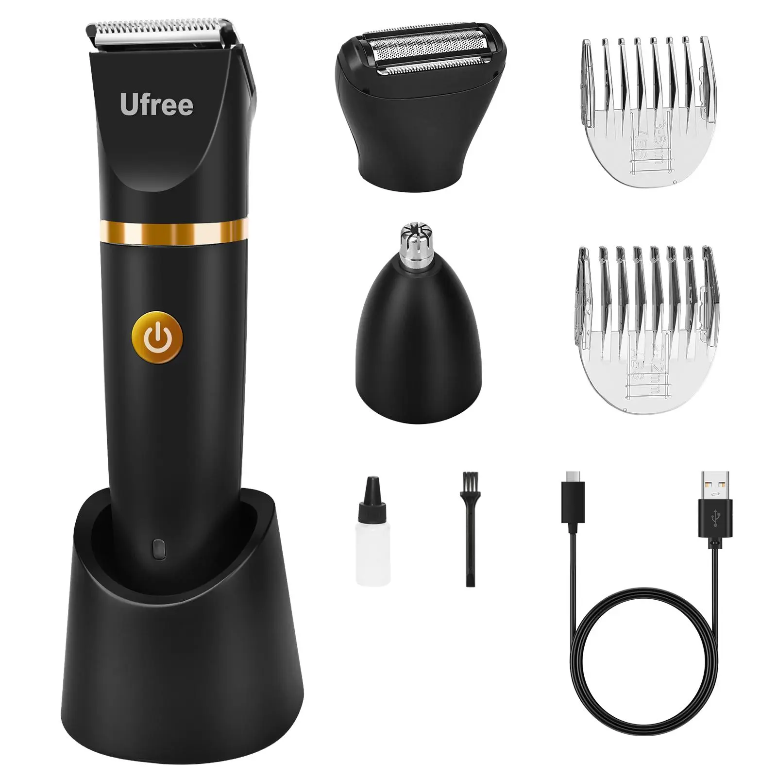Ufree Electric Body Hair Trimmer, 3 in 1 Cordless Clipper for Body, Nose and Groin Hair Removal, Professional Ball Trimmer for Men, Waterproof Electric Shaver and Razor, Rechargeable, Gifts for Men, Black