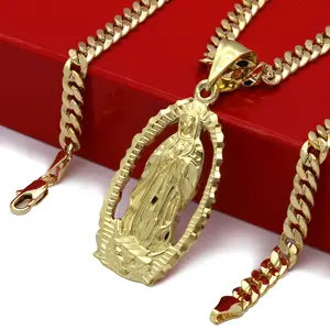 MaxBling81 Brass Gold Plated Holy Virgin Mary Guadalupe Pendant Necklace, 14K Stamped 5mm Cuban Chain (20" or 24"), Hip Hop Style Religious High-End Fashion Costume Jewelry, Religious Necklace