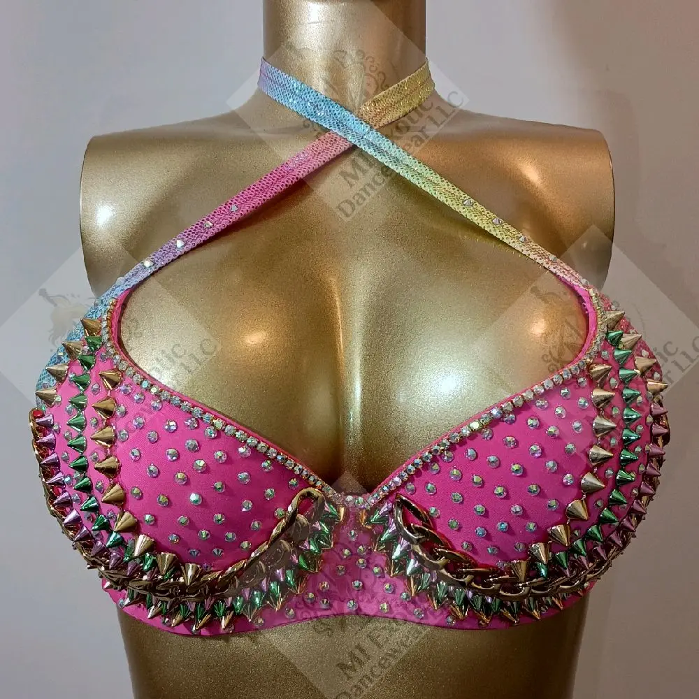 Push-up Bra with Rainbow Trim, Acrylic Chain, Acrylic Spikes, and AB Iridescent Crystals - Exotic Dancewear