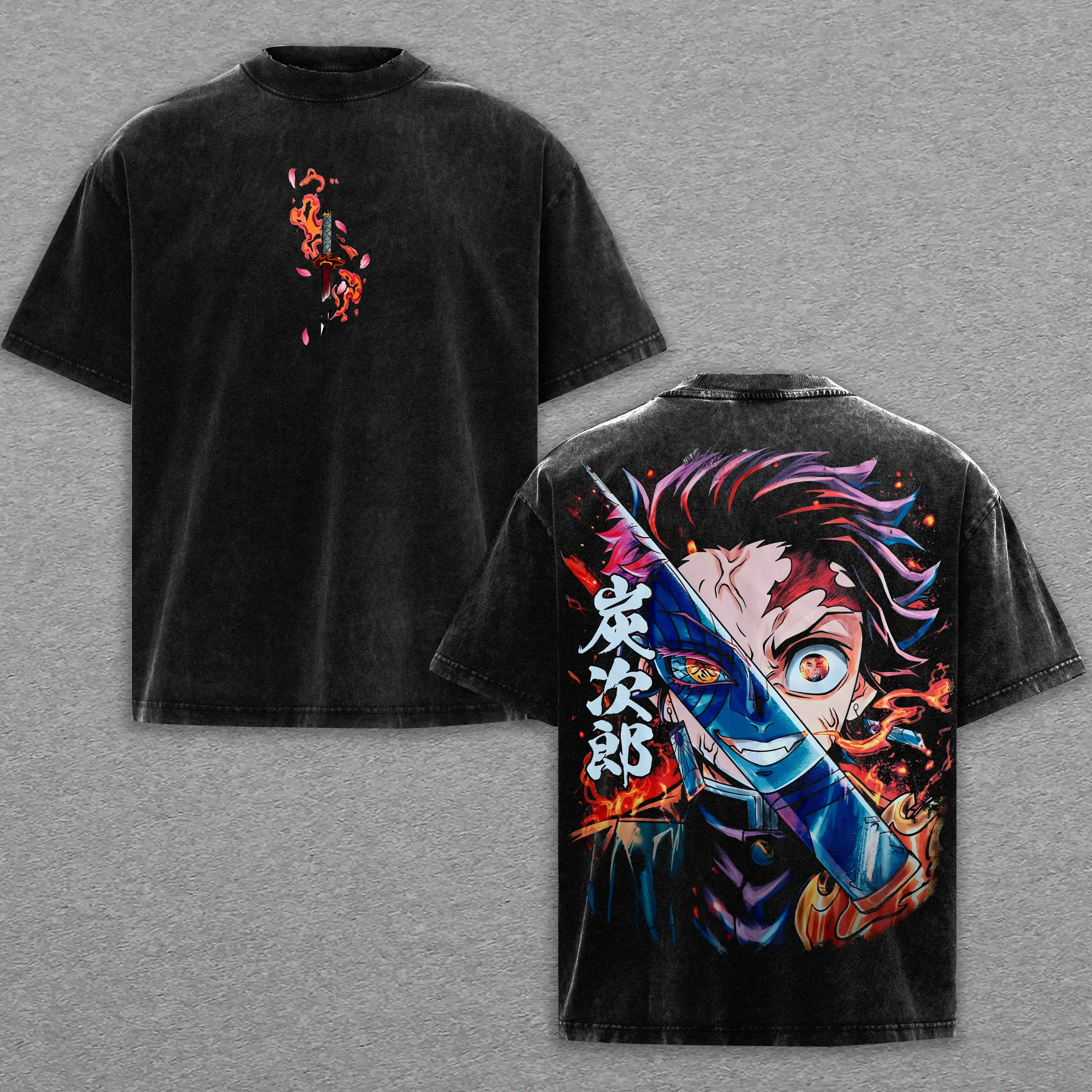 Menswear Short-Sleeve Crew Neck Oversize T-Shirt, Retro Limited Vintage Kamado Tanjiro Demon Slayer Anime Manga Top, Unisex Summer Streetwear Gift for Anime Fans Bestie Tropical Crewneck Oversized Top Menswear