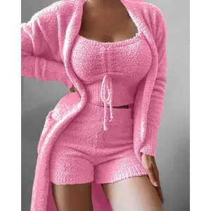 Women'S Plush 3-Piece Lace-Up Pajamas Set Casual Suit Home Clothes Loungewear Nightwear Pajamas
